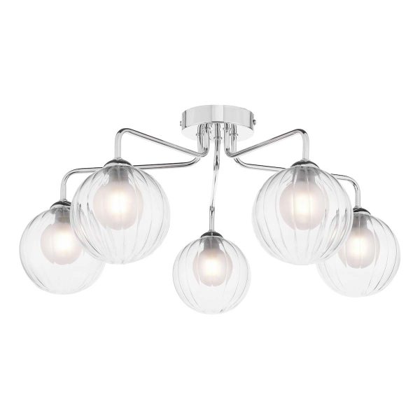 Feya 5 light semi flush ceiling light in polished chrome with clear and opal glass shades on white background lit