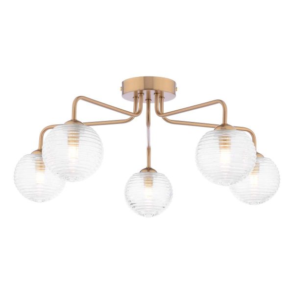 Feya 5 light semi flush ceiling light in antique bronze with ribbed glass shades on white background lit