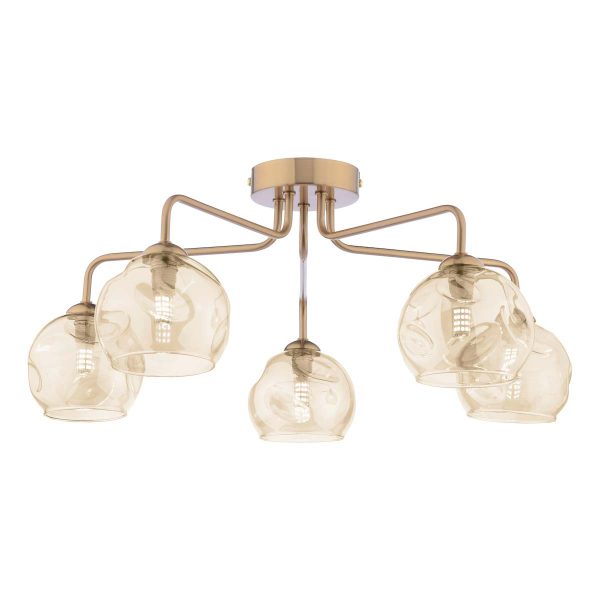 Feya 5 light semi flush ceiling light in antique bronze with champagne glass shades on white background lit
