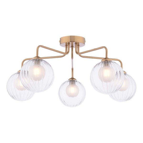 Feya 5 light semi flush ceiling light in antique bronze with clear and opal glass shades on white background lit