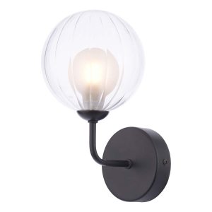 Feya single wall light in matt black with clear and opal glass shade on white background lit