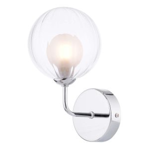 Feya single wall light in polished chrome with clear and opal glass shade on white background lit