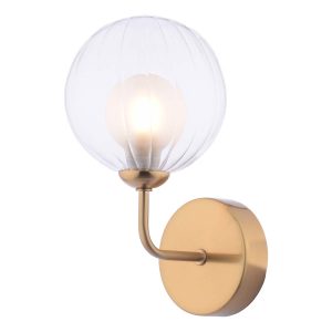 Feya single wall light in antique bronze with clear and opal glass shade on white background lit