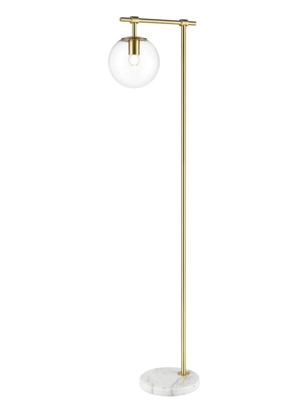 Retro style 1 light floor lamp in matt brass with clear glass globe