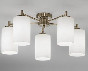 Franklite FL2253/5 Decima 5 arm flush mount ceiling light in bronze with opal white glass shades