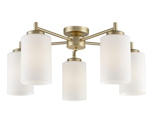 Franklite FL2387/5 Decima 5 arm flush mount ceiling light in matt gold with opal glass shades