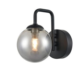 Modern industrial single wall light in matt black with smoked glass globe facing down