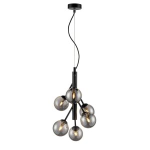 Modern industrial 6 light slim ceiling pendant in matte black with smoked glass