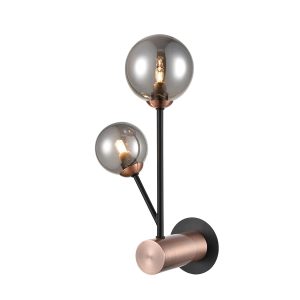 Solstice modern industrial style 2 lamp wall light in matt black and copper