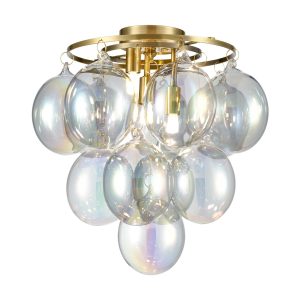 Modern brushed brass 3 lamp semi flush ceiling light with iridescent glass bubble shades