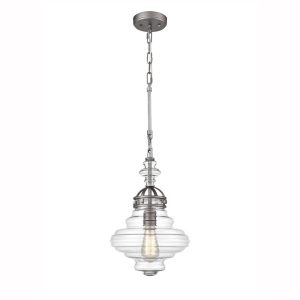 Traditional 1 light ceiling pendant with ribbed clear glass shade in satin nickel