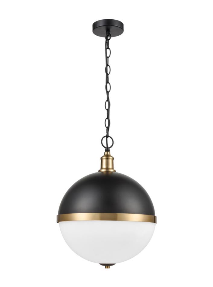 Modern 3 Light Large Globe Ceiling Pendant Black Gold Opal Glass