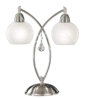 Franklite TL907 Thea 2 light table lamp in satin nickel finish with alabaster glass shades