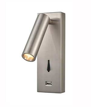 Switched LED bedside wall reading spot light with USB port in satin nickel