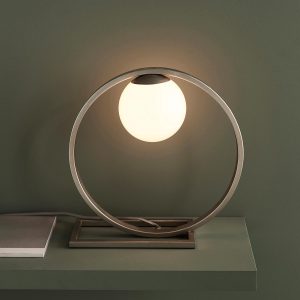 Geometric circle 1 light table lamp in brushed silver with opal glass shade main image