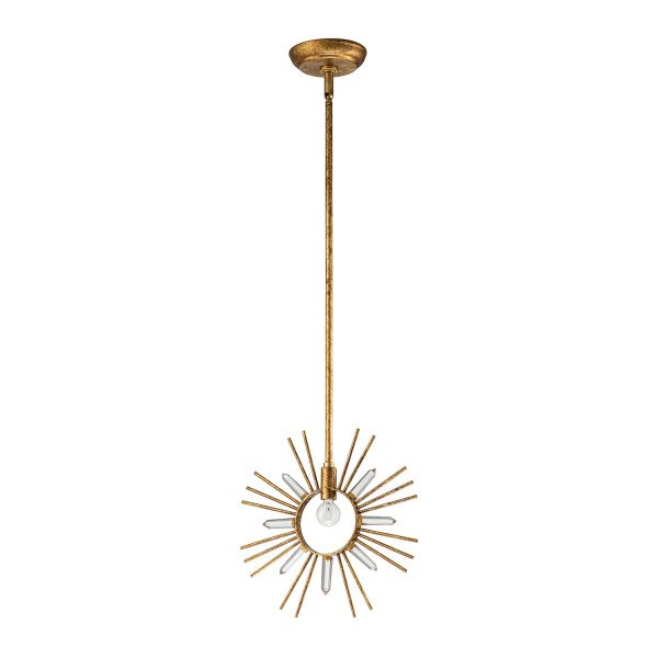 Gilded Nola Sun King 1 light pendant in distressed gold leaf, full height on white background.