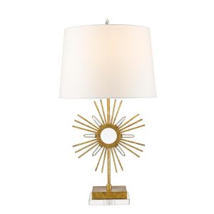 Gilded Nola Sun King 1 light table lamp in distressed gold on white background.