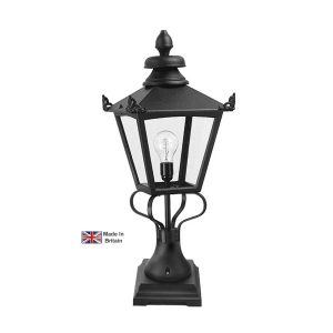 Elstead Grampian traditional Victorian outdoor pedestal lantern in black, main image on white background.