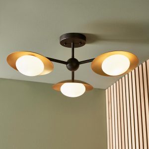 Modern gold and bronze dish shades 3 light semi flush ceiling light in matt black main image