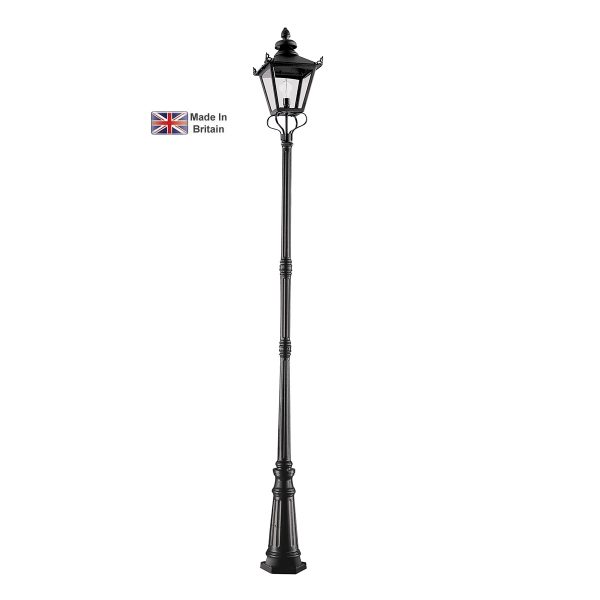 Elstead Grampian Victorian outdoor lamp post lantern in black on white background.