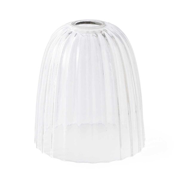 Elstead Douille clear ribbed glass shade for E27 lamp holders on white background.