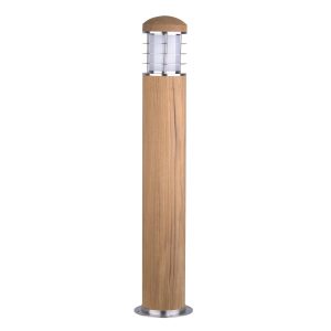 Elstead Poole 1 light outdoor bollard in 316 stainless steel and teak wood on white background.