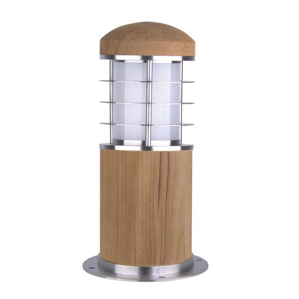 Elstead Poole 1 light mini outdoor bollard in 316 stainless steel and teak wood on white background.