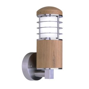 Elstead Poole single outdoor wall light in 316 stainless steel and teak wood on white background.