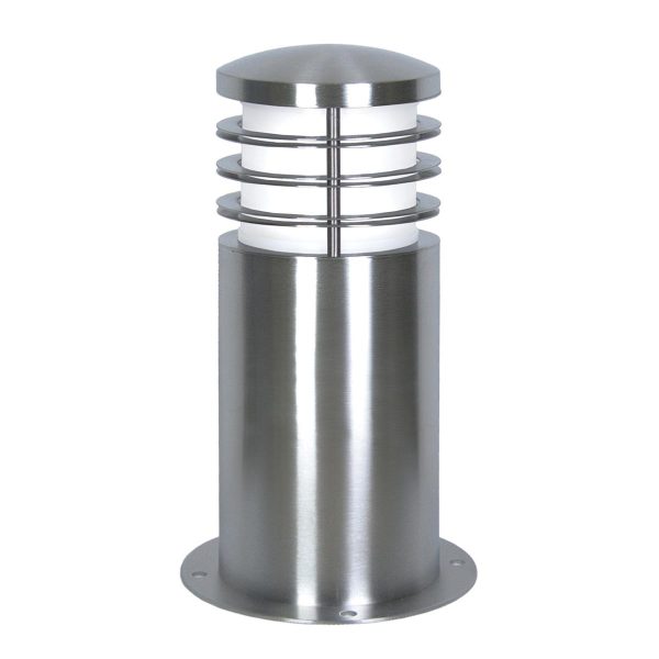 Elstead Sandbanks 1 light 316 stainless steel mini outdoor bollard on white background.