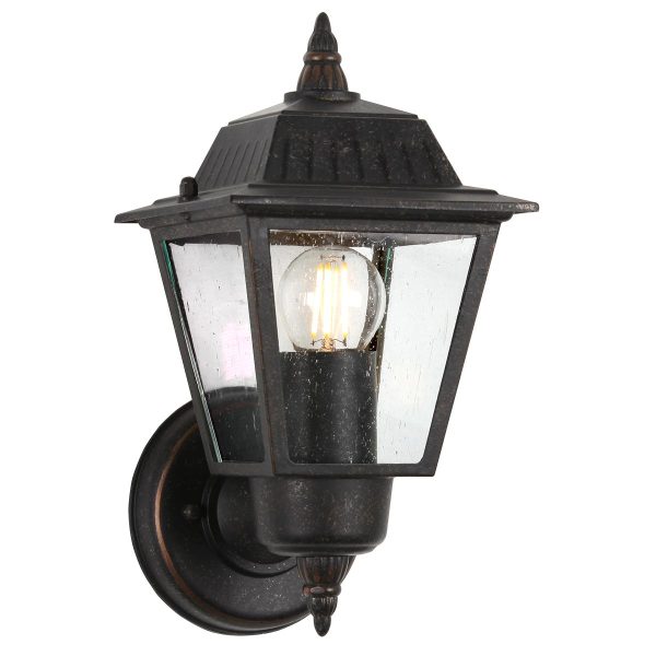 Highnam 1 light traditional outdoor wall lantern in weathered bronze on white background.