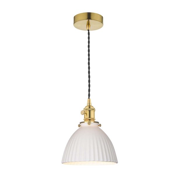 Hadano pendant light in natural brass with domed white ceramic shade on white background lit