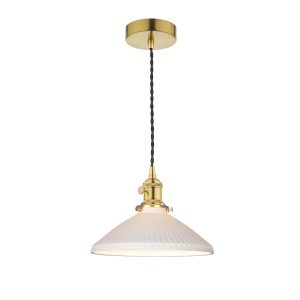 Hadano pendant light in natural brass with white ceramic coolie shade on white background lit