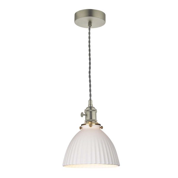 Hadano pendant light in antique chrome with domed white ceramic shade on white background lit