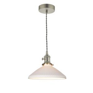 Hadano pendant light in antique chrome with white ceramic coolie shade on white background lit