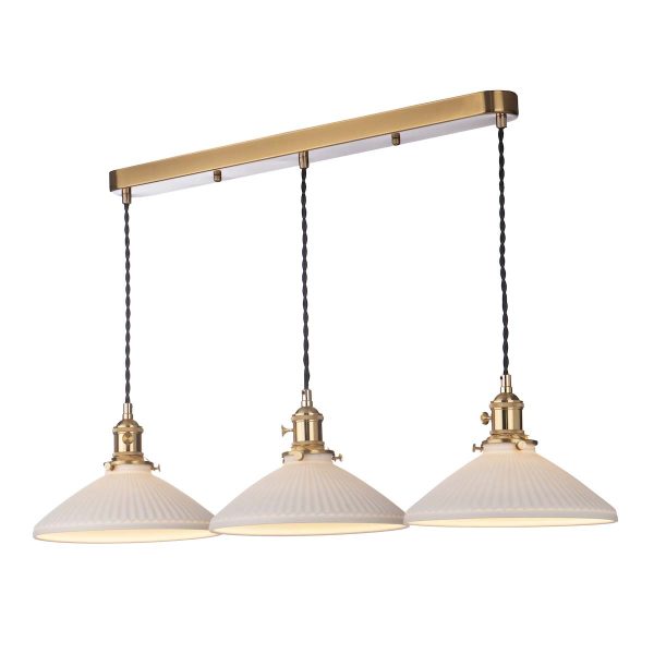 Hadano 3 light bar pendant in natural brass with white ceramic coolie shades on white background lit