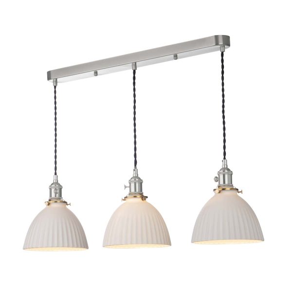 Hadano 3 light bar pendant in antique chrome with domed white ceramic shades on white background lit