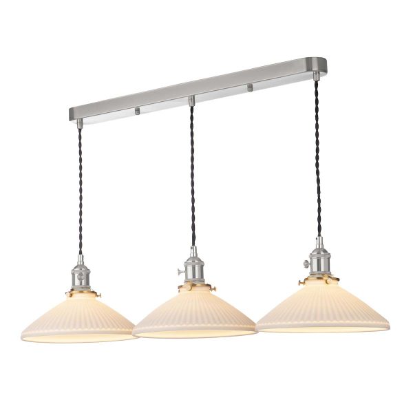 Hadano 3 light bar pendant in antique chrome with white ceramic coolie shades on white background lit