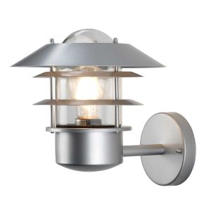 Elstead Helsingor stainless steel outdoor wall lantern in silver on white background.