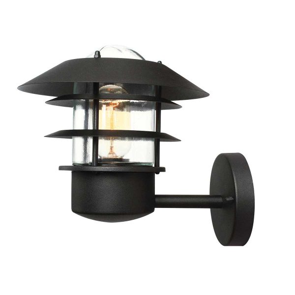 Elstead Helsingor stainless steel outdoor wall lantern in black on white background.