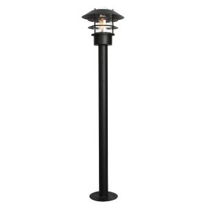 Elstead Helsingor stainless steel outdoor bollard lantern in black on white background.