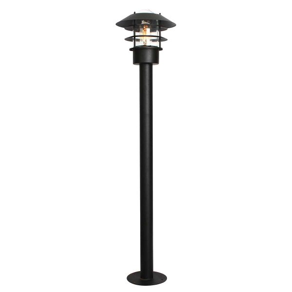 Elstead Helsingor stainless steel outdoor bollard lantern in black on white background.