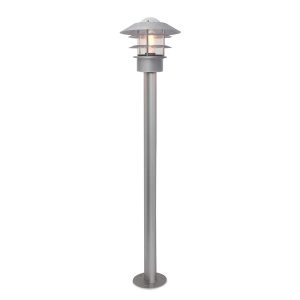 Elstead Helsingor stainless steel outdoor bollard lantern in silver on white background.