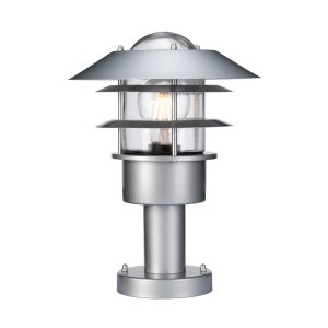 Elstead Helsingor stainless steel outdoor pedestal lantern in silver on white background.