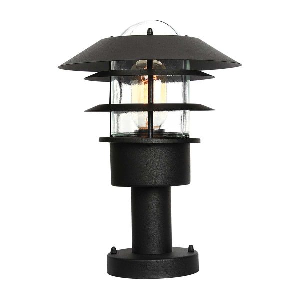 Elstead Helsingor stainless steel outdoor pedestal lantern in black on white background.