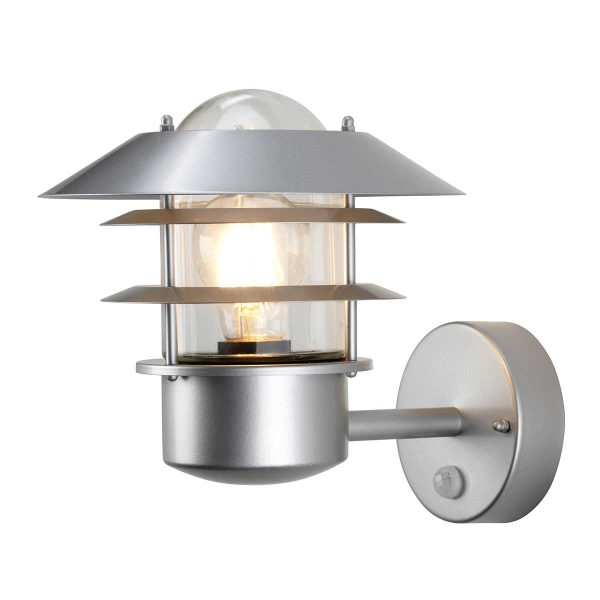 Elstead Helsingor stainless steel outdoor PIR wall lantern in silver on white background.