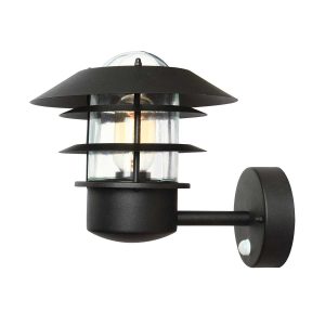 Elstead Helsingor stainless steel outdoor PIR wall lantern in black on white background.