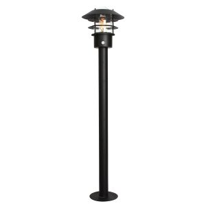 Helsingor stainless steel PIR bollard lantern in black on white background.