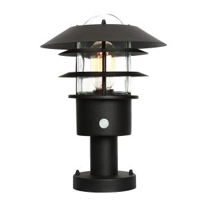 Elstead Helsingor stainless steel PIR pedestal lantern in black on white background.