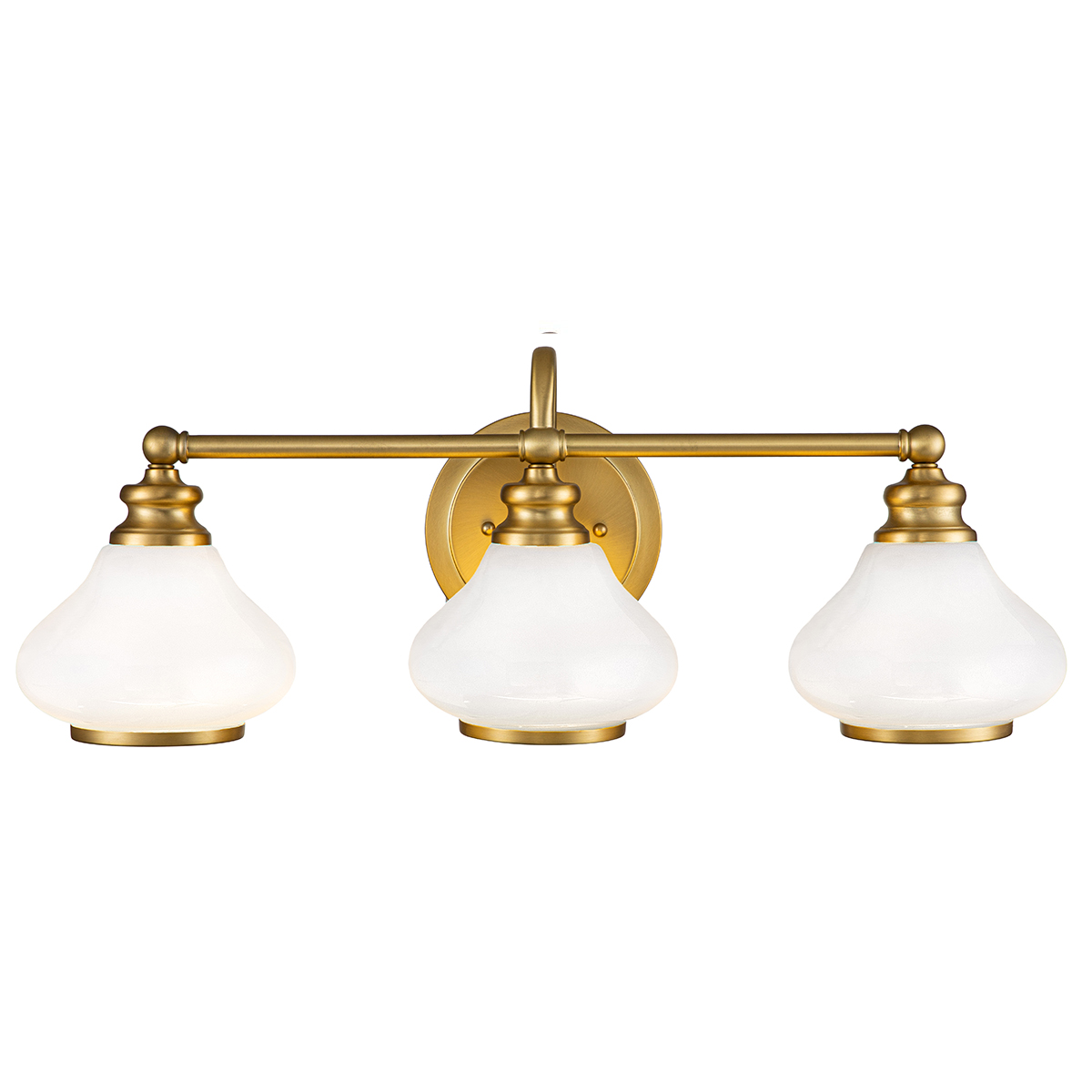 Hinkley Ainsley 3 light over bathroom mirror light in brushed brass finish on white background, lit.