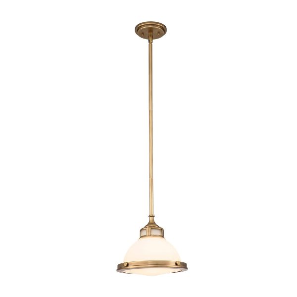 Hinkley Amelia brass and cast glass mini kitchen pendant light on white background lit